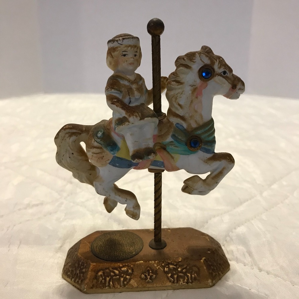 Vintage Porcelain Carousel‎ Horse w/ brass base and girl rider